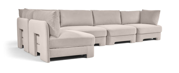 Light gray velvet performance sectional sofa, 5-piece L-shape with chaise end