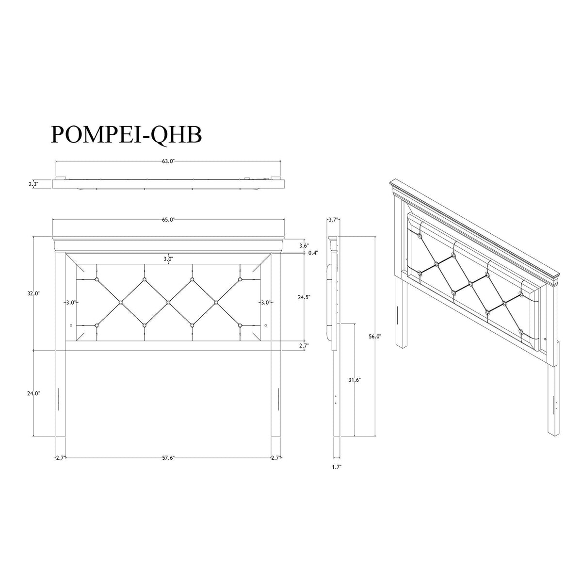 White headboard line drawing with front view and side view dimensions