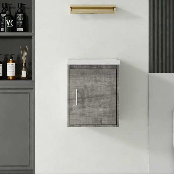 Wall-mounted vanity cabinet with sink opening, gray door and vertical handle