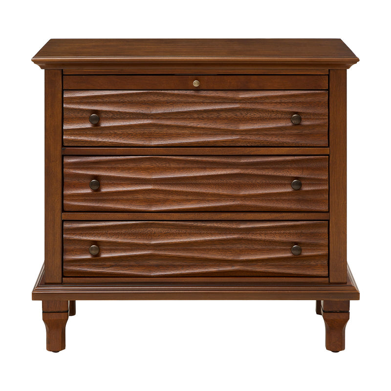 Dark brown wooden nightstand with three sculpted drawers, dark knobs, and short legs