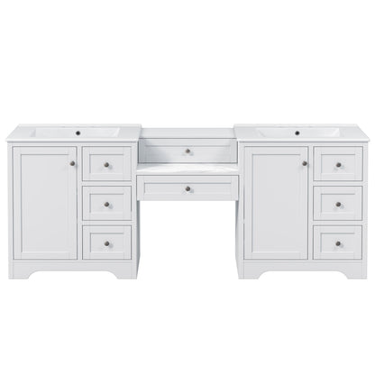 White double sink bathroom vanity with 2 ceramic sinks and 6 soft-close drawers