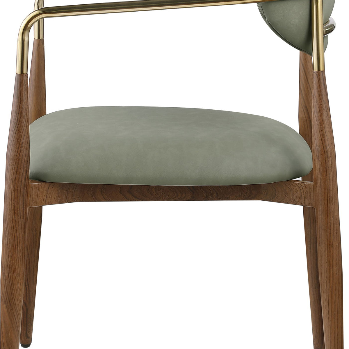 Gray upholstered dining arm chair with gold arm frame and wooden legs