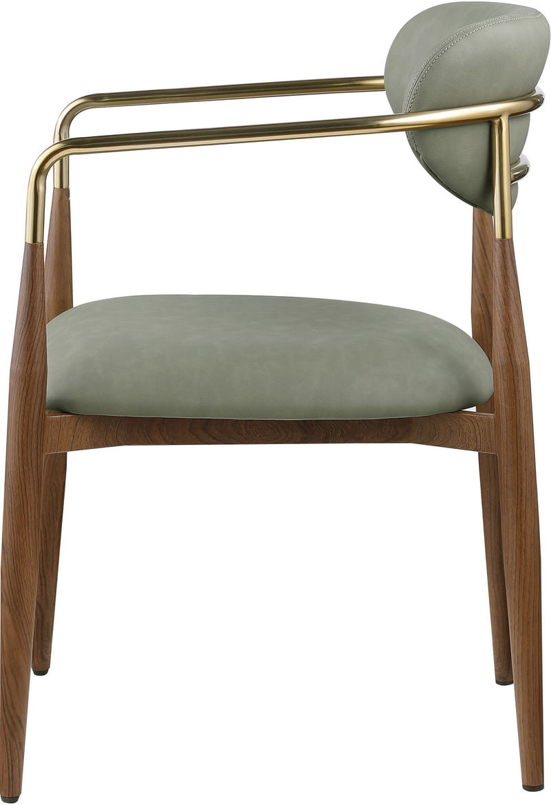 Gray upholstered dining arm chair with gold arm frame and wooden legs