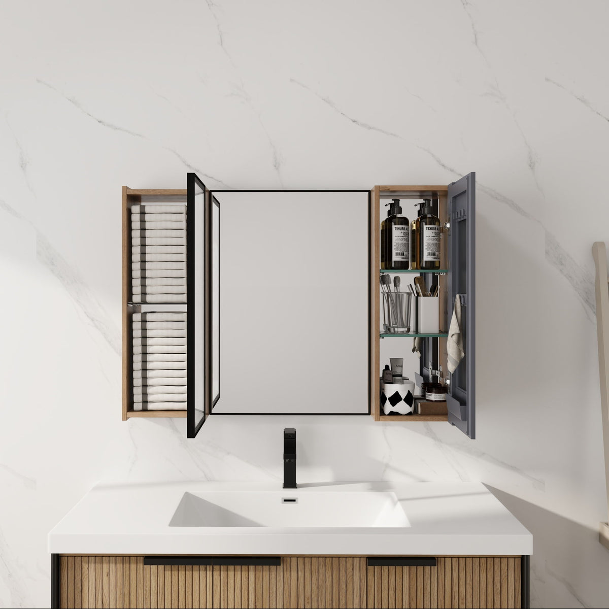 Wall-mounted oak cabinet with soft-close doors open, adjustable shelving above sink