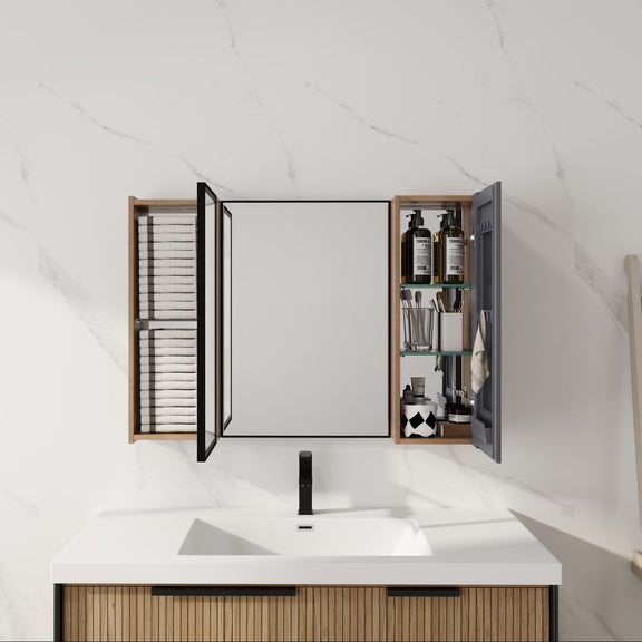 Wall-mounted oak cabinet with soft-close doors open, adjustable shelving above sink