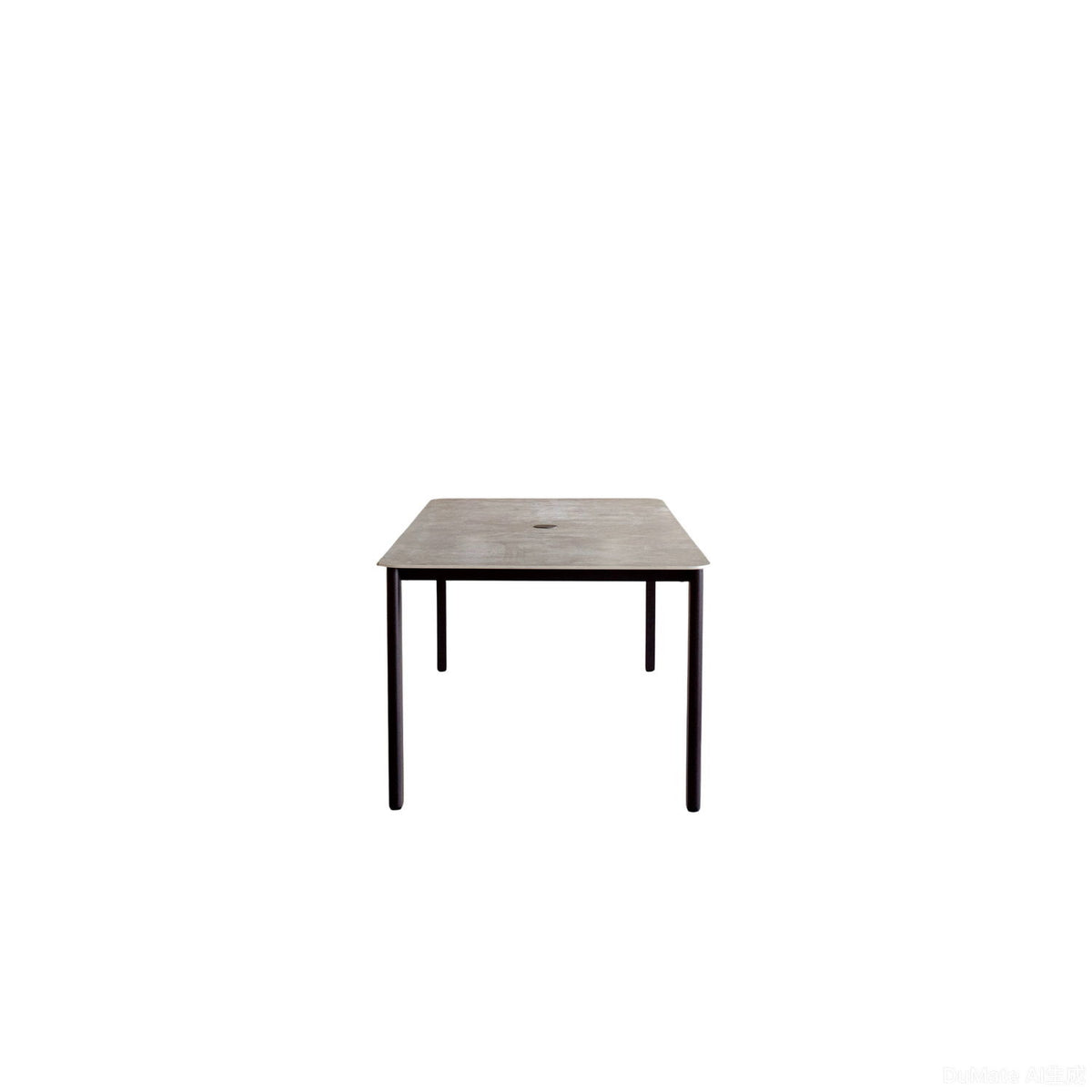 Gray tabletop dining table with dark espresso legs and small center detail.