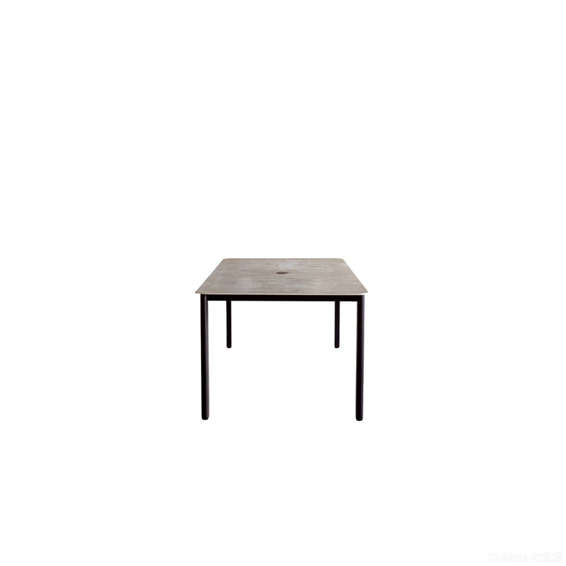 Gray tabletop dining table with dark espresso legs and small center detail.