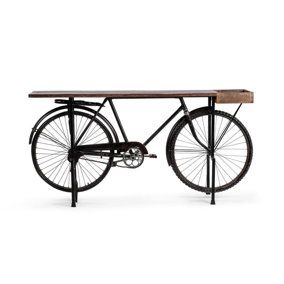 Small bike-style counter table with two large wheels and long wooden top
