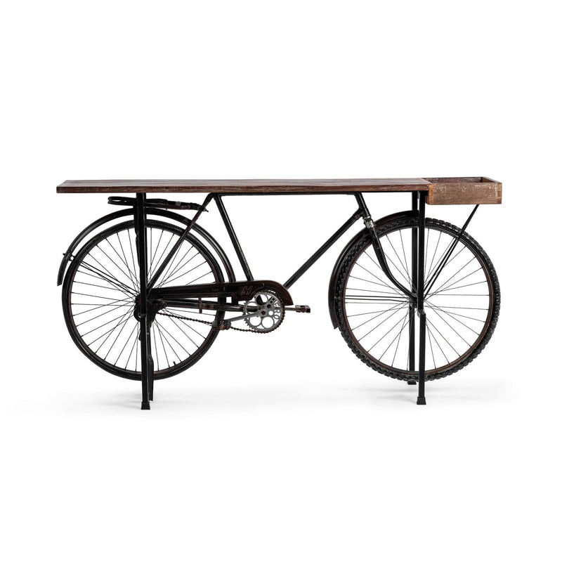 Small bike-style counter table with two large wheels and long wooden top