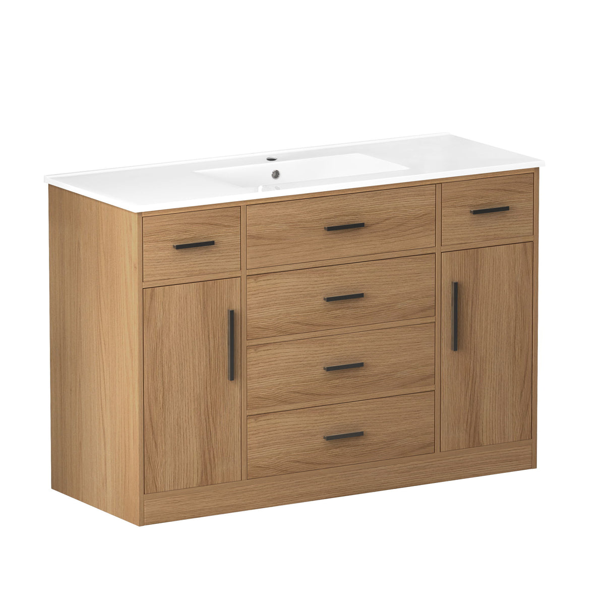 Light brown bathroom vanity with white top, integrated sink, 2 doors and 6 drawers