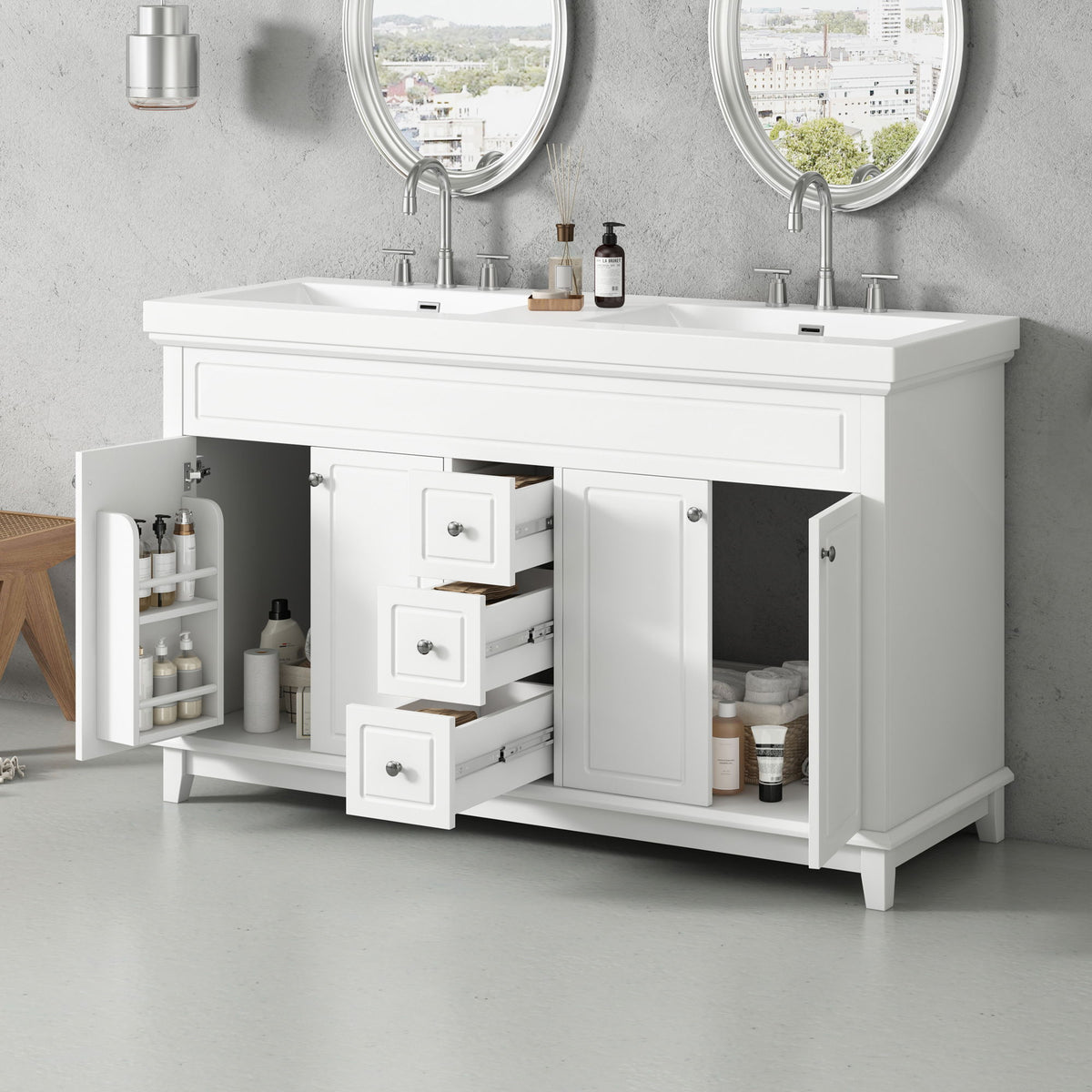 White bathroom vanity with double sinks, 3 drawers, and 4 doors, partially open