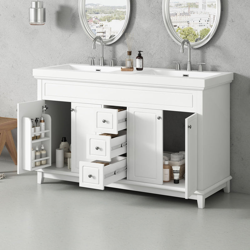 White bathroom vanity with double sinks, 3 drawers, and 4 doors, partially open