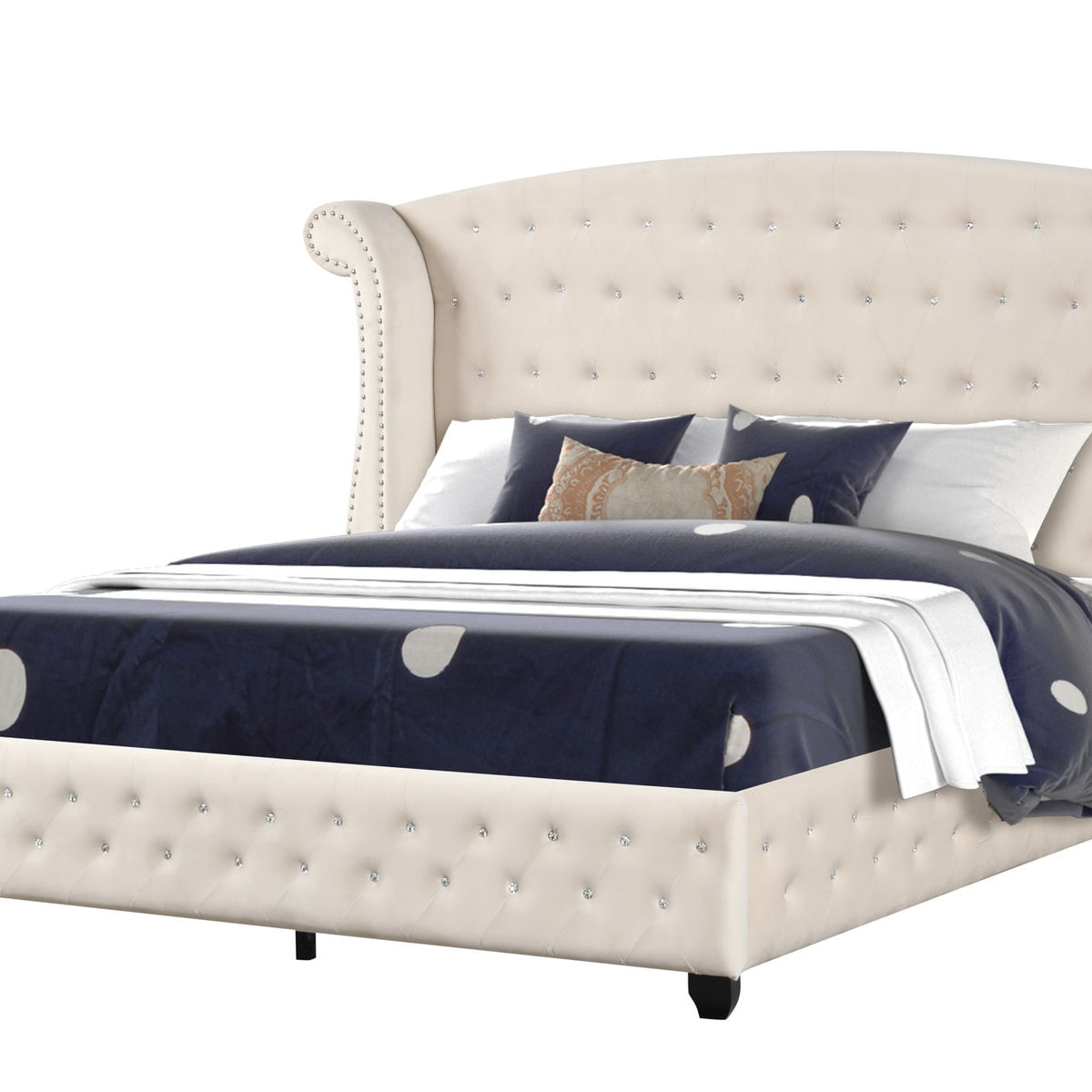 Light beige upholstered bed with tufted headboard and buttoned upholstery, visible bed frame