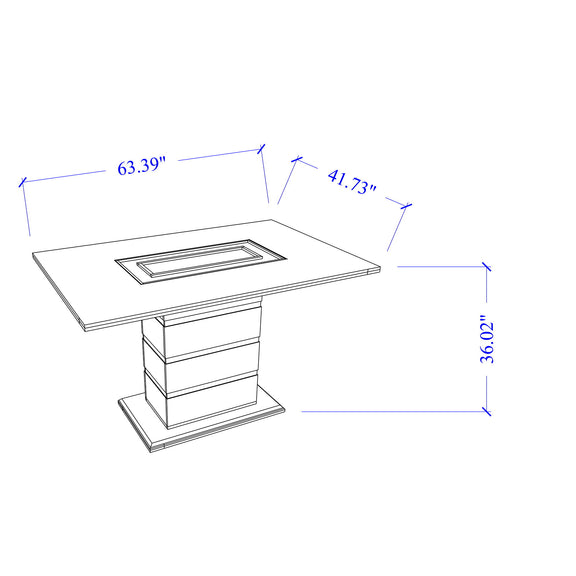 Black square bar table with metallic stripe inset and pedestal base, angled view