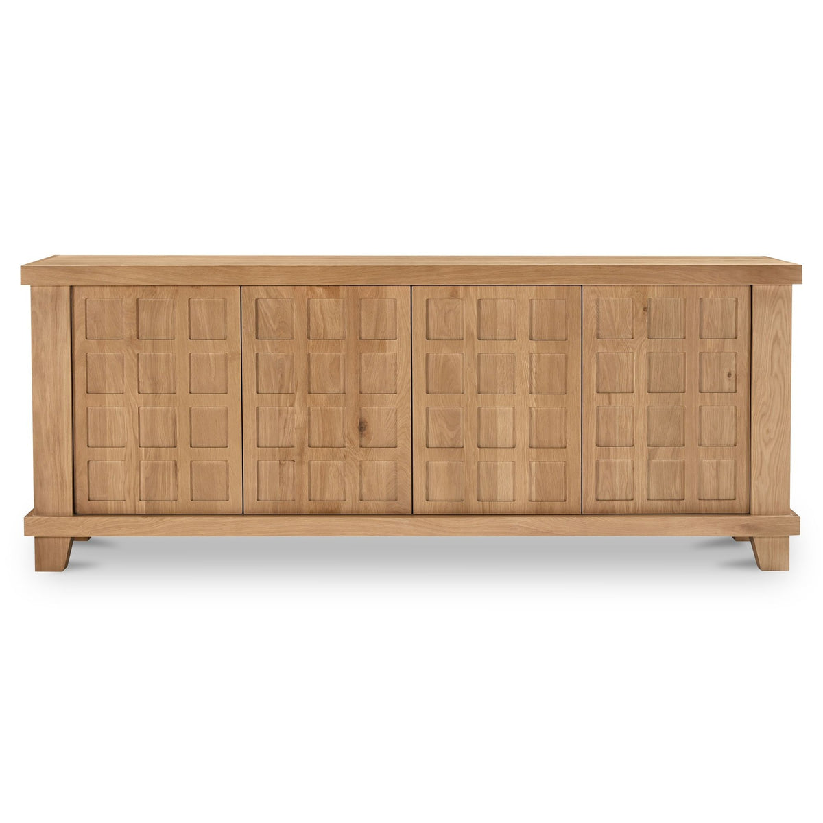 Natural oak sideboard with four geometric door panels and low storage base