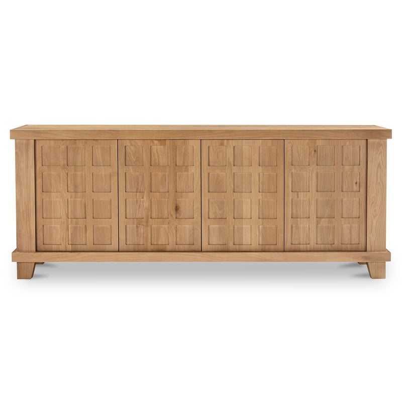 Natural oak sideboard with four geometric door panels and low storage base
