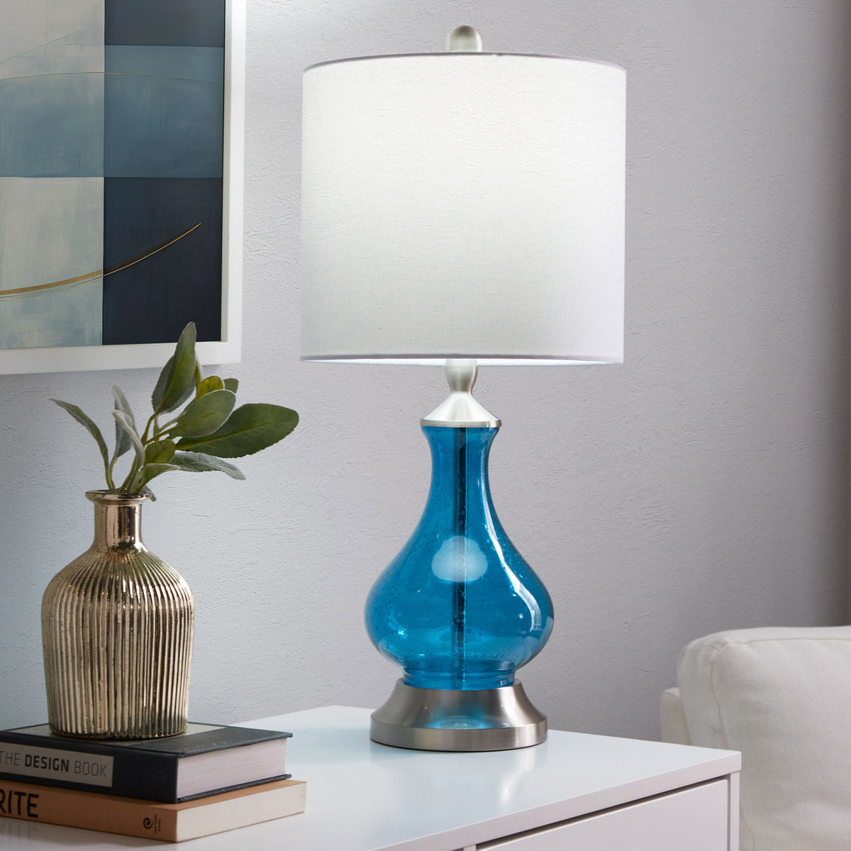 Jasmine - Contemporary Lamp - Clear Sapphire Blue Seeded / Nickel / White