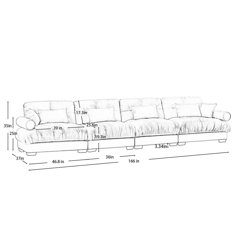 Modular sectional sofa with labeled dimensions, tufted cushions, and rounded arms