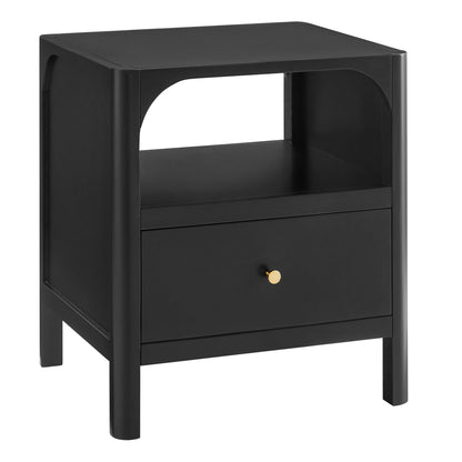 Black nightstand with open shelf, single drawer, and round brass knob.