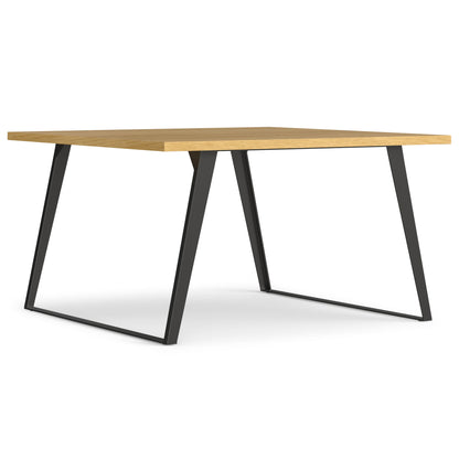 Light wood square dining table with black metal A-frame legs, wide side angle