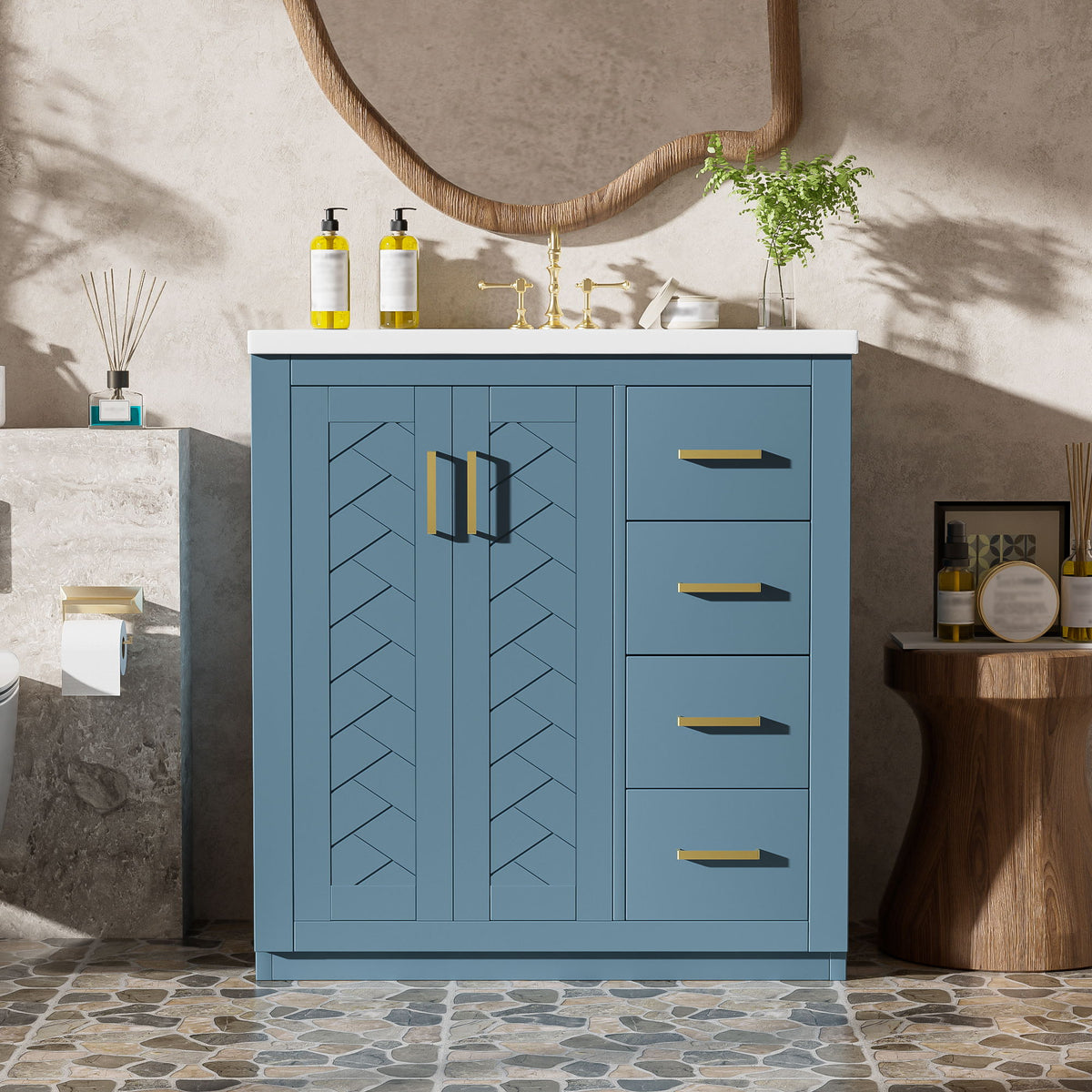 Blue freestanding bathroom vanity with sink, cabinet doors, and drawer fronts