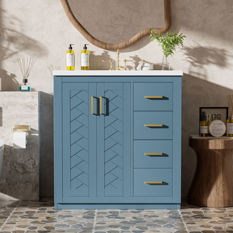 Blue freestanding bathroom vanity with sink, cabinet doors, and drawer fronts