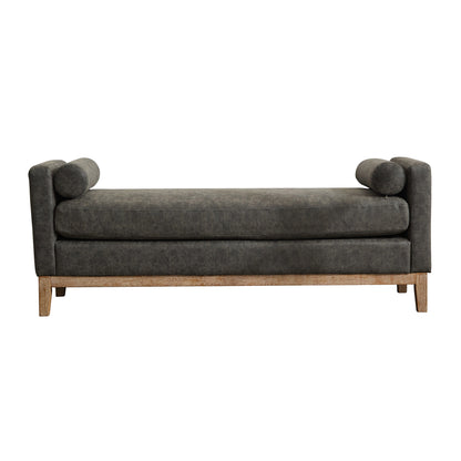 Elegant Upholstered Bench, Daybed, Ottman with Wood Legs & 2 Bolster Pillows, Gray PU, 66.34'W for Bedroom, Living Room, Entryway
