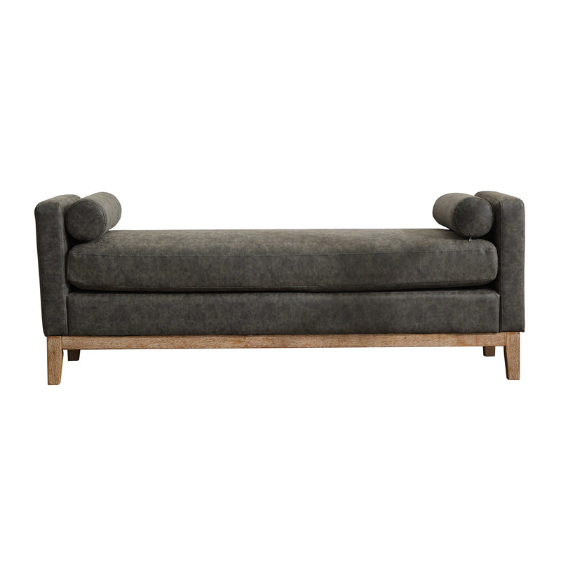 Elegant Upholstered Bench, Daybed, Ottman with Wood Legs & 2 Bolster Pillows, Gray PU, 66.34'W for Bedroom, Living Room, Entryway