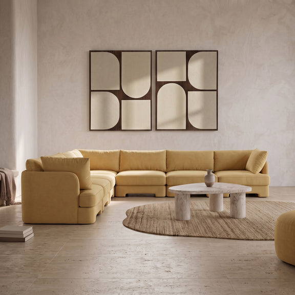 Beige velvet corner sectional sofa with tufted cushions and chaise corner seating