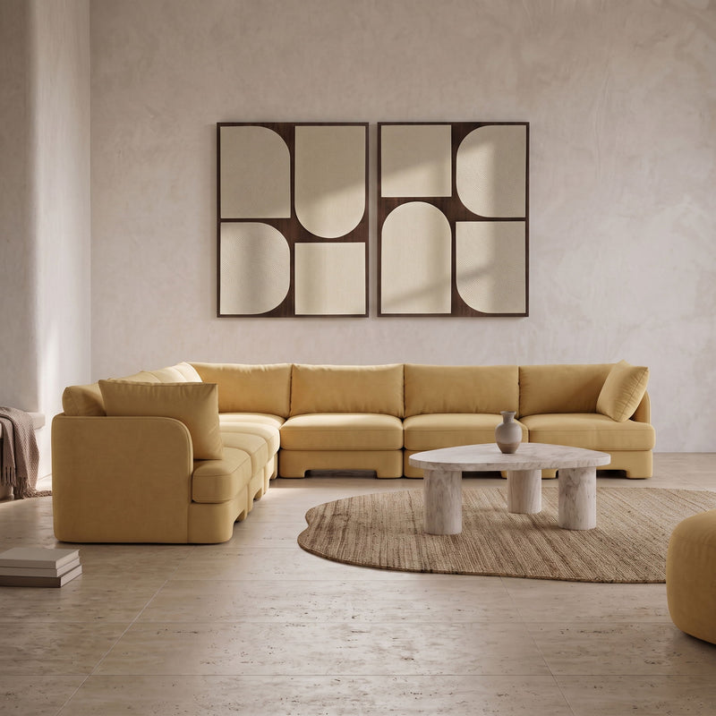 Beige velvet corner sectional sofa with tufted cushions and chaise corner seating