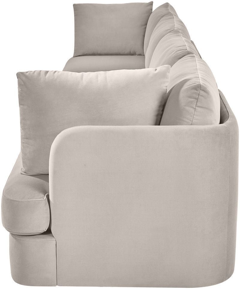 Light gray velvet performance fabric modular sofa with rounded arms and back pillows