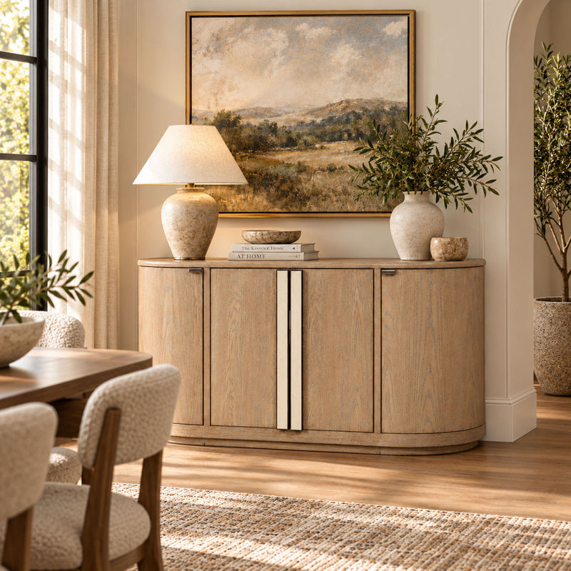 Beige wood server cabinet with four doors, silver strip handles, and curved base