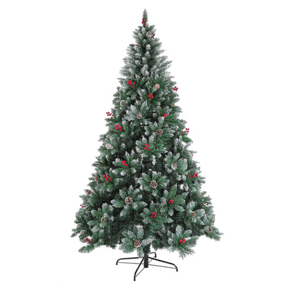 Dark green artificial Christmas tree with LED lights, red ornaments, and snowy tips