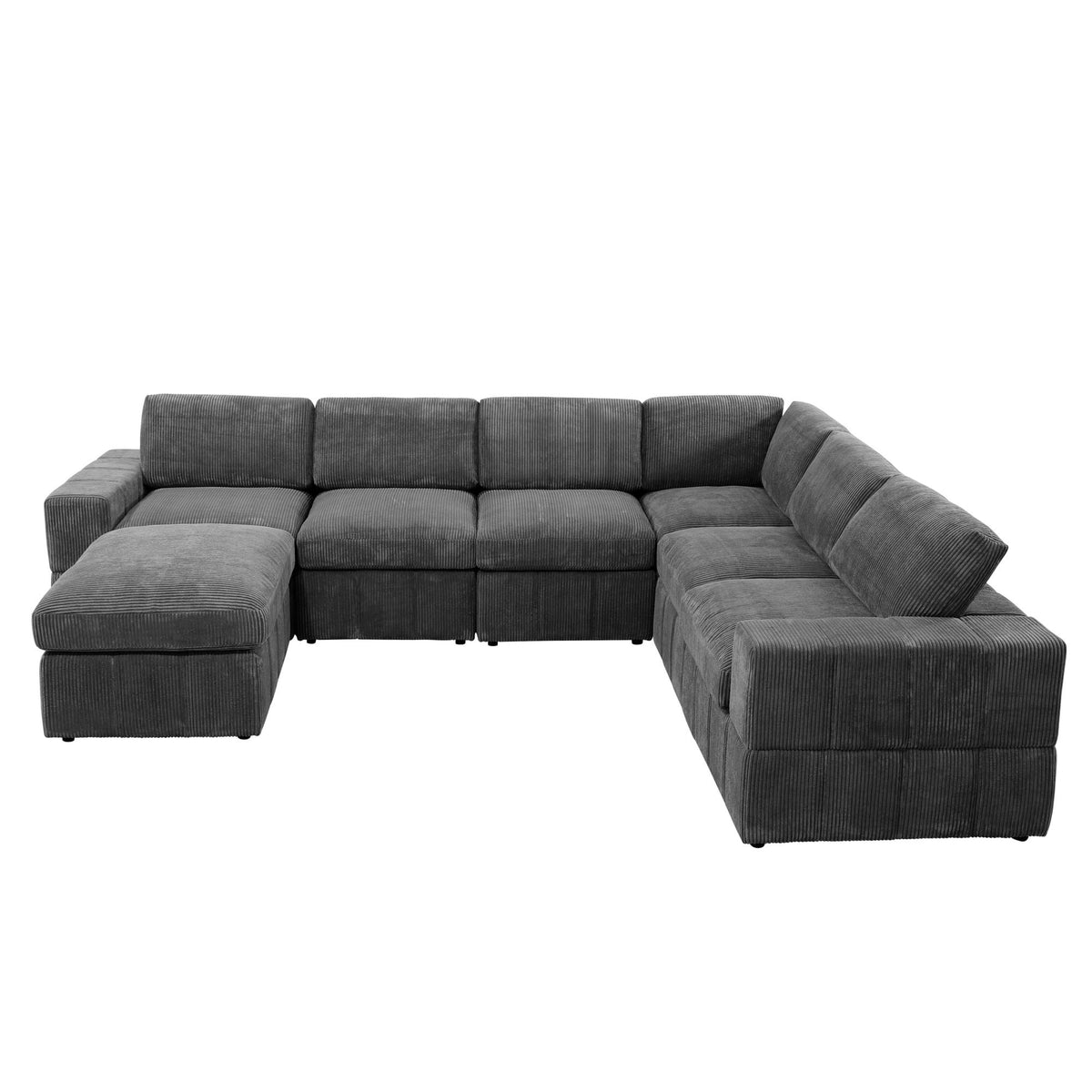Dark gray modular sectional sofa with large chaise ottoman section and boxy cushions