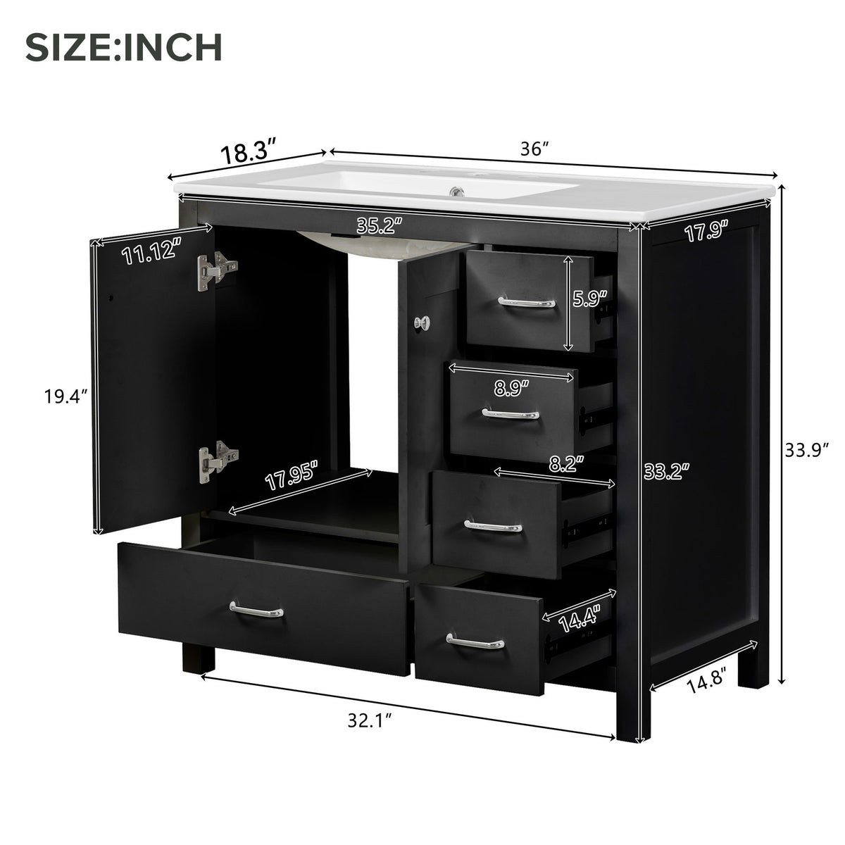 Bathroom Vanity With Sink Combo, 2 Soft Close Doors And 5 Drawers