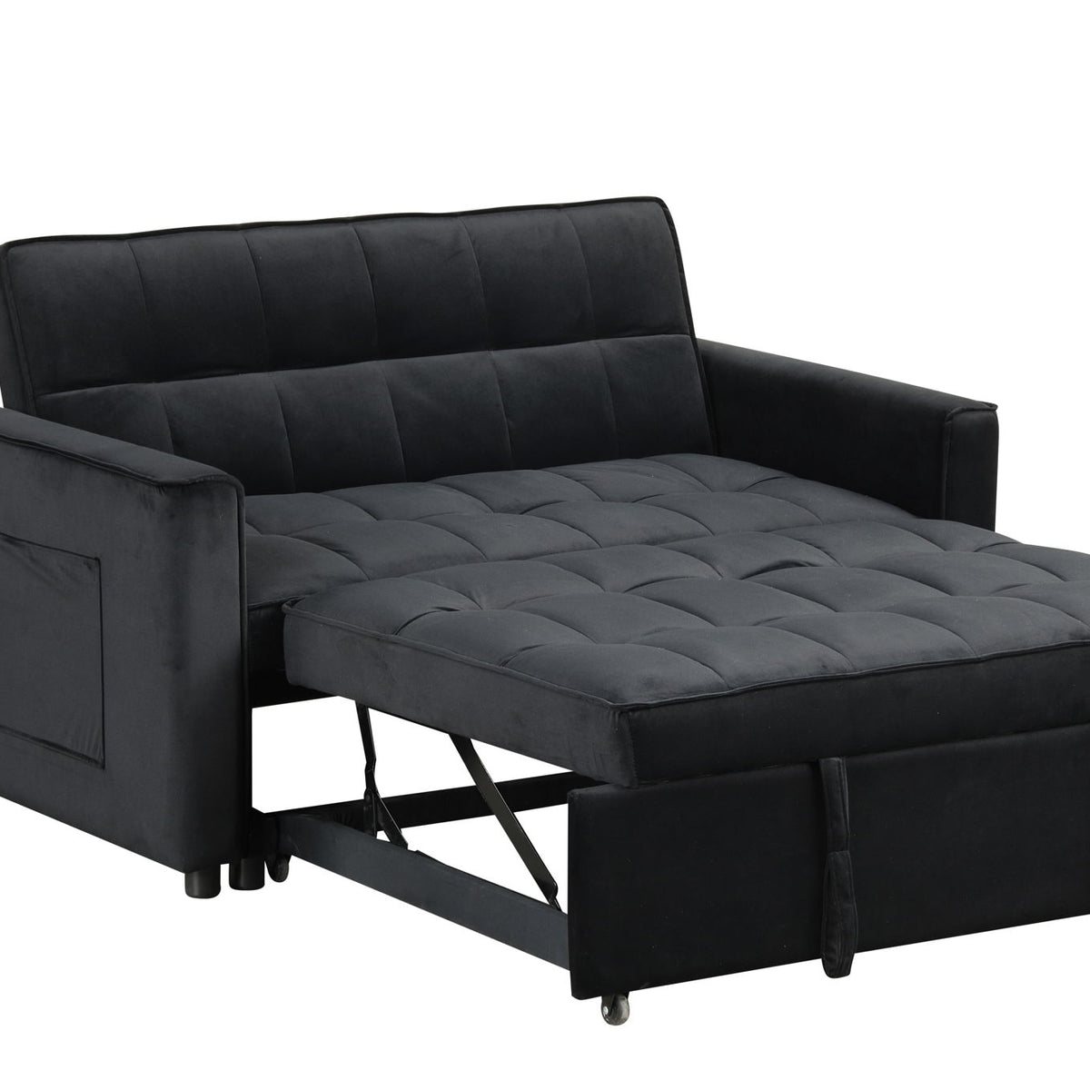 Maeve - Velvet Convertible Sleeper Loveseat With Tufting and Side Pocket - Black