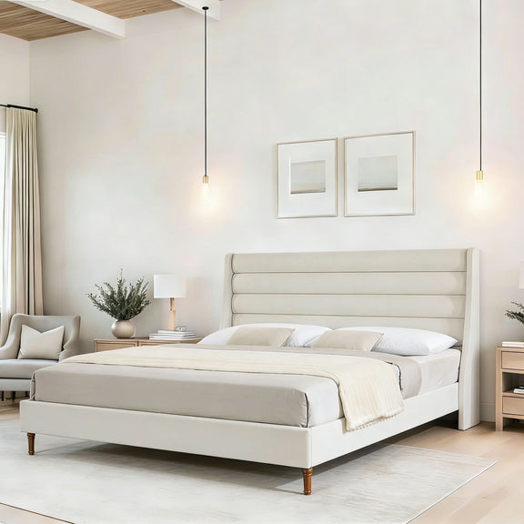 Beige upholstered platform bed with low profile frame and wave headboard