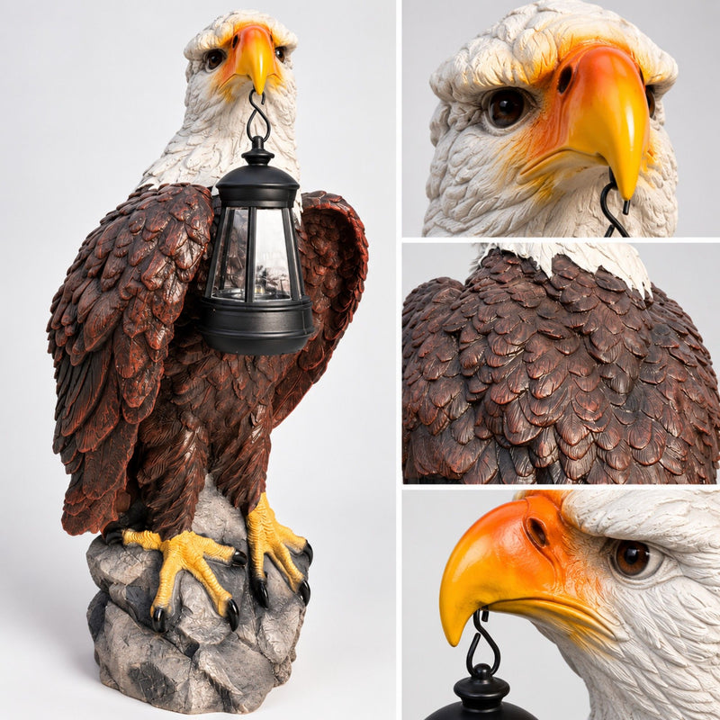 Bald eagle statue with lantern, showing detailed feather texture, yellow beak and talons