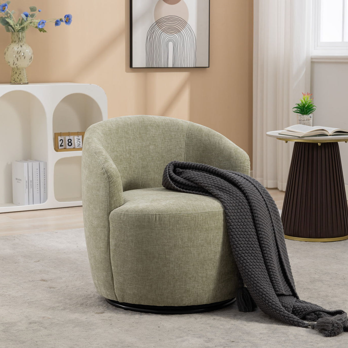 Chenille Fabric Swivel Accent Armchair Barrel Chair With Powder Coating Metal Ring