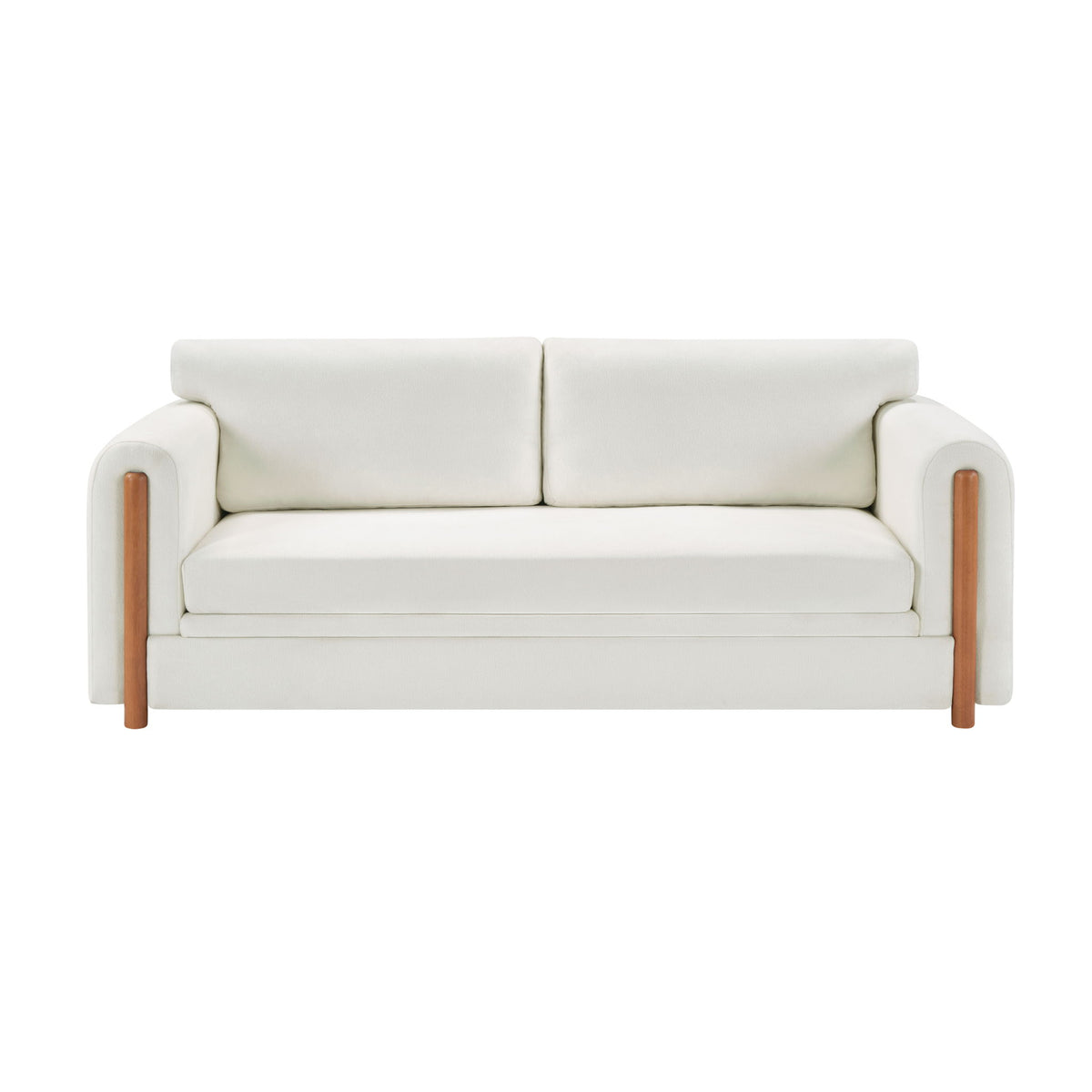 3-seater upholstered couch in light beige with square arms and wooden legs