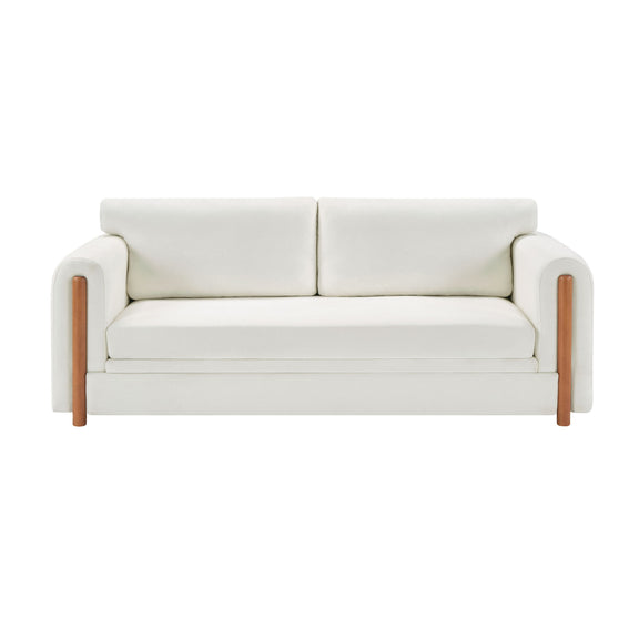 3-seater upholstered couch in light beige with square arms and wooden legs