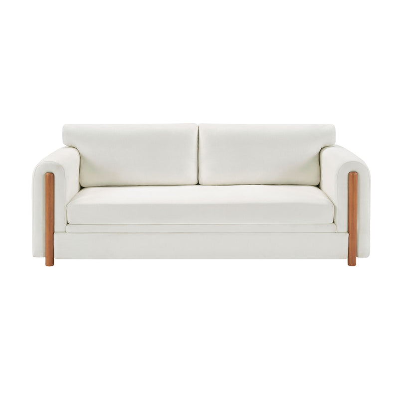 3-seater upholstered couch in light beige with square arms and wooden legs