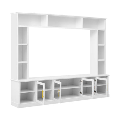 White TV entertainment console with open shelves and lower cabinet doors for media storage