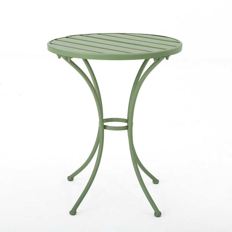 Green metal bistro table with round slatted tabletop and curved pedestal legs