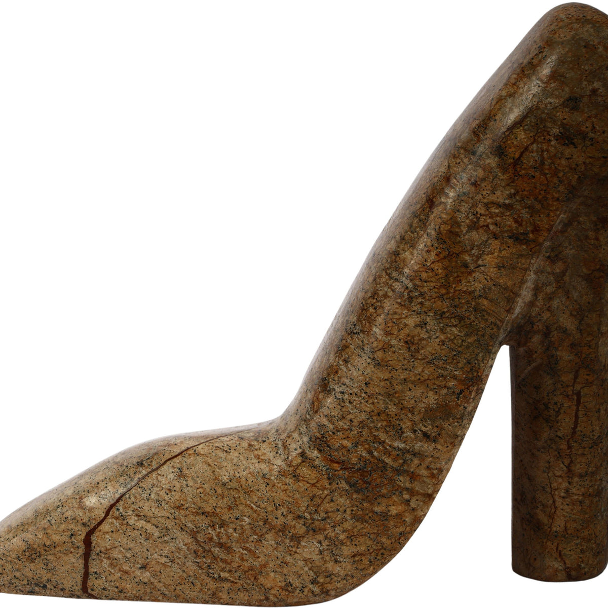 Brown marbled marble high-heel shoe tabletop object with pointed toe and tall heel