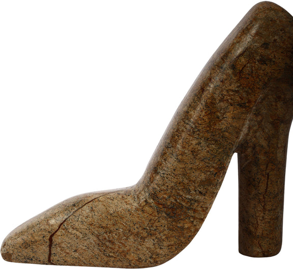 Brown marbled marble high-heel shoe tabletop object with pointed toe and tall heel