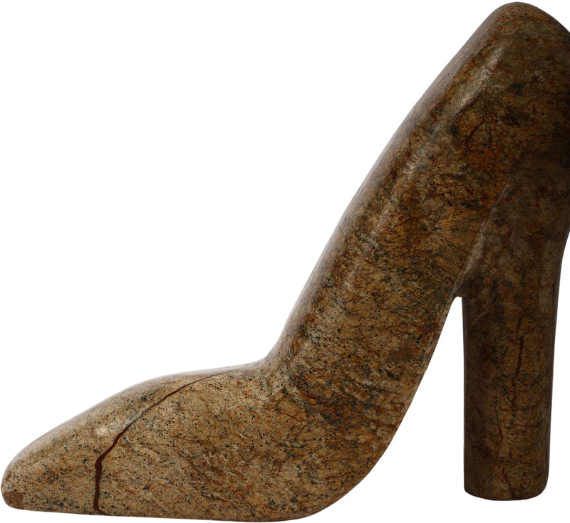 Brown marbled marble high-heel shoe tabletop object with pointed toe and tall heel