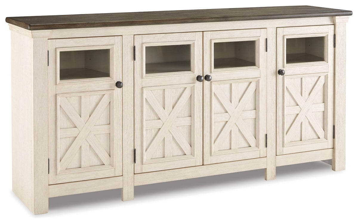 Extra large TV stand, light wood, X-pattern doors, dark brown top