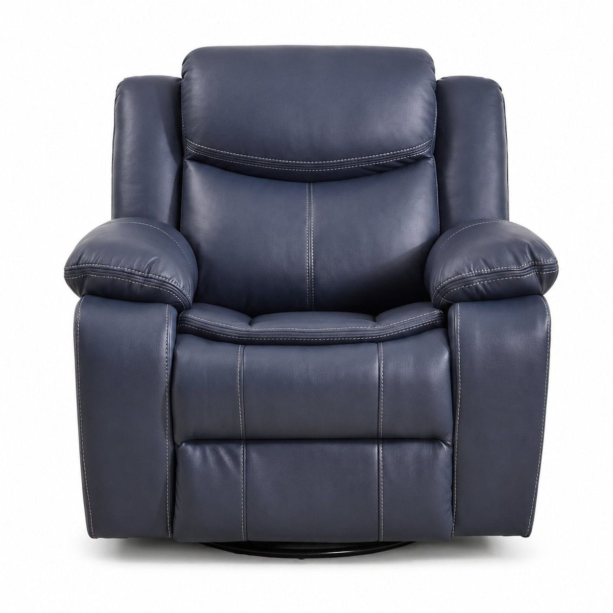 Blue rocker recliner chair with padded arms and stitched back cushion
