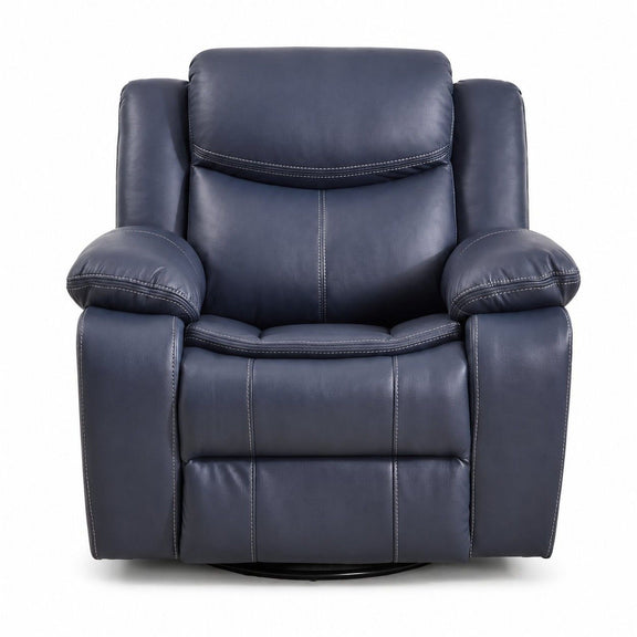 Blue rocker recliner chair with padded arms and stitched back cushion